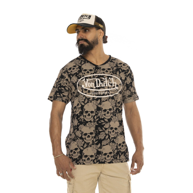 Tee Shirt Beige coupe Regular Col V Imprimé Skull RON | Homme - Vondutch | Von Dutch