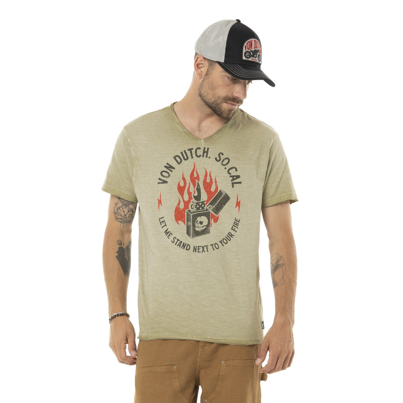 Tee Shirt Kaki coupe Régular Col V effet Flammé LIGHTER | Homme - Vondutch | Von Dutch
