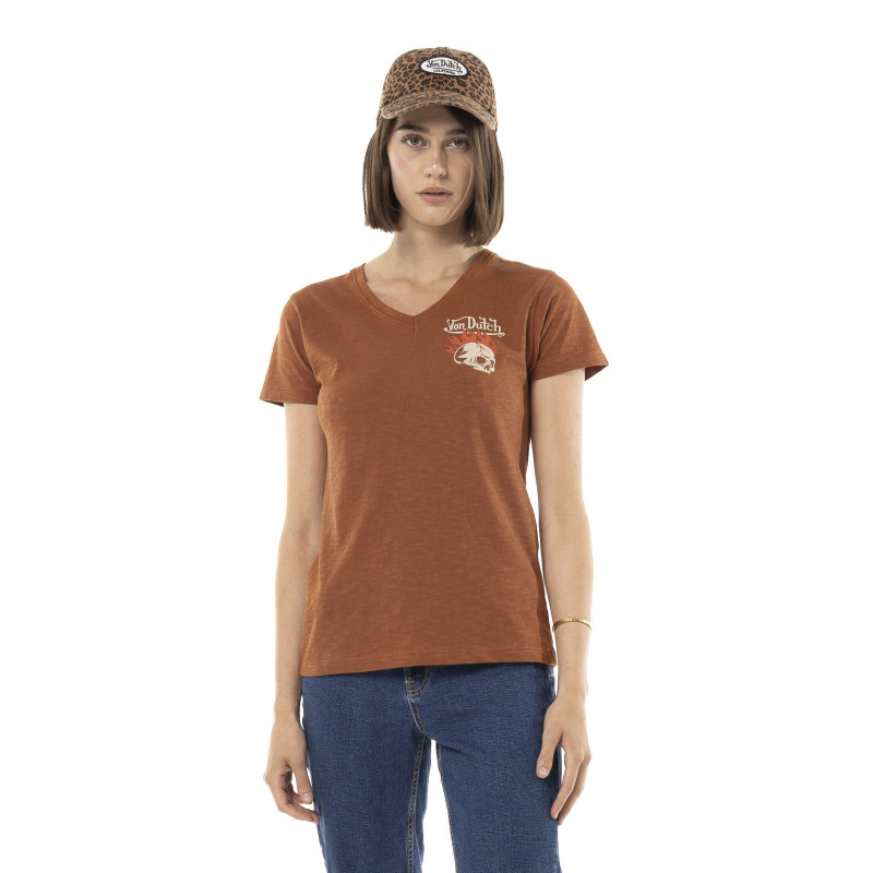 Tee Shirt Marron coupe Régular Col V effet Flammé BURN | Femme - Vondutch | Von Dutch