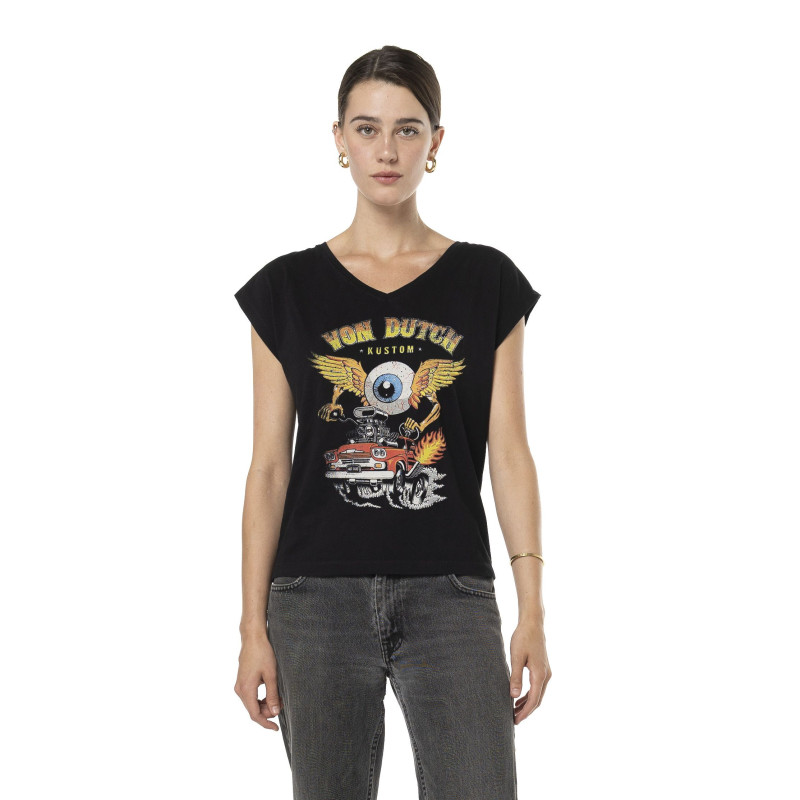 Tee Shirt Noir coupe Régular Col V PILOTE | Femme - Vondutch | Von Dutch