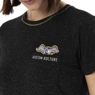 Tee Shirt Noir coupe Régular Col rond effet Strié STRASS | Femme - Vondutch | Von Dutch