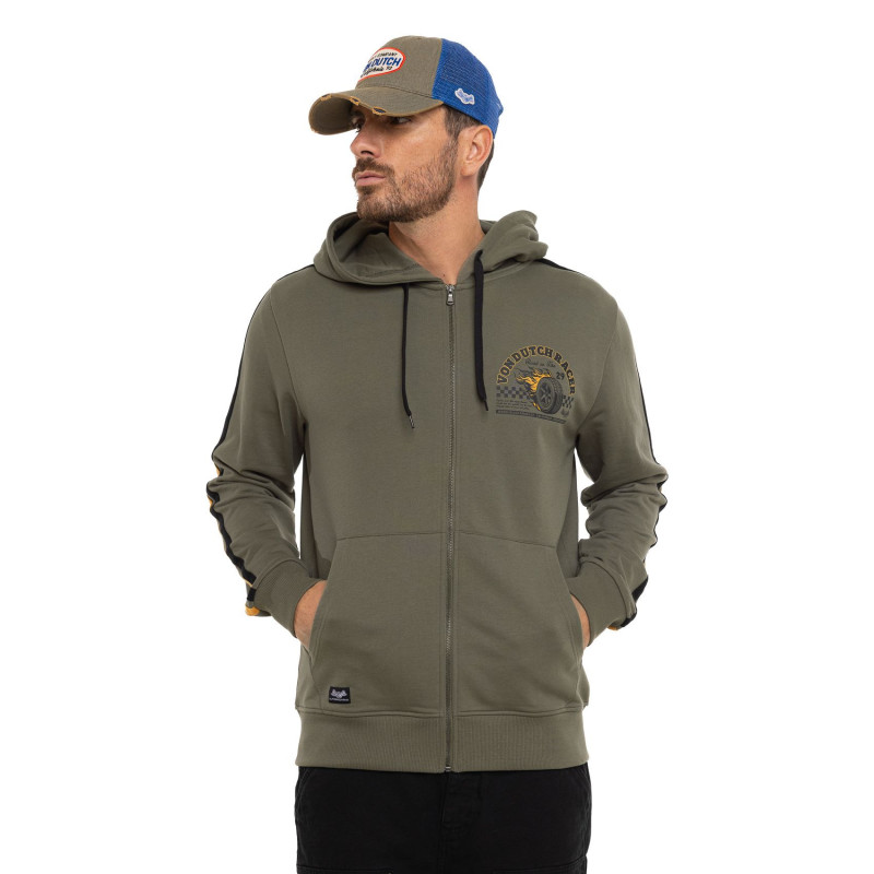 Sweat à capuche Zippé Kaki RACER | Homme - Vondutch | Von Dutch
