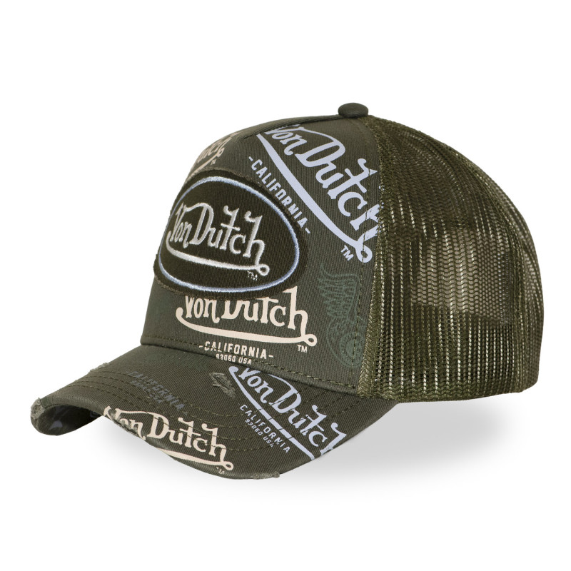Casquette trucker effet usé avec patch et print Café Olive | VonDutch | Von Dutch