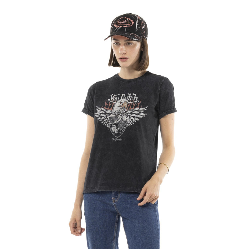 Tee Shirt Noir coupe Régular Col rond effet Délavé MOTOR | Femme - Vondutch | Von Dutch