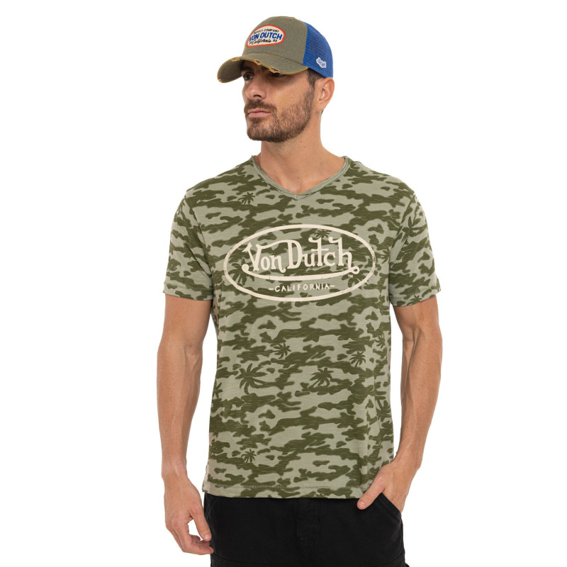 Tee Shirt Kaki coupe Régular Col V effet Flammé RON | Homme - Vondutch | Von Dutch