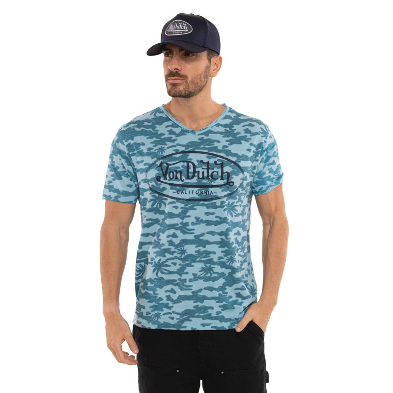 Tee Shirt Bleu coupe Régular Col V effet Flammé RON | Homme - Vondutch | Von Dutch
