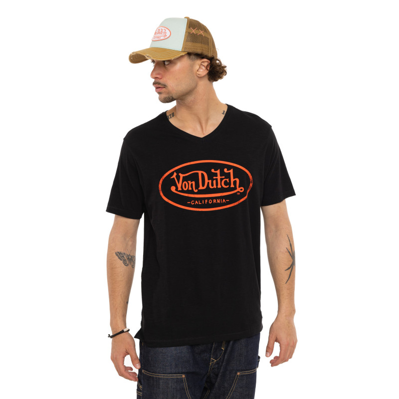 Tee Shirt Noir coupe Régular Col V effet Flammé TYRON | Homme - Vondutch | Von Dutch